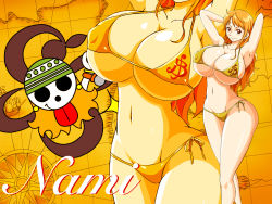 Rule 34 | 1girl, ass, barefoot, bikini, breasts, brown eyes, cleavage, curvy, feet, hip focus, huge breasts, large breasts, long hair, nami (one piece), navel, one piece, orange hair, smile, stomach, swimsuit, thick thighs, thighs, wide hips
