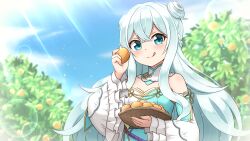 Rule 34 | 1girl, :q, absurdres, aqua dress, aqua eyes, basket, blue eyes, blue sky, blurry, blurry background, closed mouth, commentary request, day, depth of field, detached collar, detached sleeves, dress, food, frilled sleeves, frills, fruit, highres, holding, holding basket, holding food, holding fruit, lens flare, long hair, long sleeves, looking at viewer, mandarin orange, outdoors, partial commentary, project gen2, shiraha maru, shirahane urumi, sky, smile, solo, sparkle, sunlight, tongue, tongue out, tree, virtual youtuber, white hair, wide sleeves