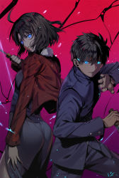 Rule 34 | 1boy, 1girl, ass, back-to-back, bad id, bad pixiv id, black hair, blue eyes, blue kimono, closed mouth, club3, creator connection, crossover, epic, gakuran, gradient background, graphite (medium), highres, holding, holding knife, jacket, japanese clothes, kara no kyoukai, kimono, knife, leather, leather jacket, long hair, looking at viewer, melty blood, mystic eyes of death perception, name connection, red jacket, ryougi shiki, school uniform, short hair, signature, tohno shiki, traditional media, tsukihime, type-moon