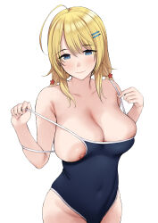 Rule 34 | 1girl, absurdres, ahoge, areola slip, armpit crease, blonde hair, blue eyes, blue one-piece swimsuit, breasts, closed mouth, collarbone, commentary request, covered navel, cowboy shot, eyelashes, hachimiya meguru, hair ornament, hairclip, hands up, highleg, highleg swimsuit, highres, idolmaster, idolmaster shiny colors, large areolae, large breasts, low twintails, nipple slip, nipples, one-piece swimsuit, purumetal, sidelocks, simple background, skindentation, solo, swimsuit, twintails, white background
