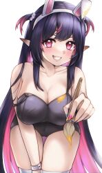 Rule 34 | 1girl, absurdres, animal ears, bare shoulders, blush, breasts, cleavage, collarbone, colored inner hair, hair ornament, heiwa vt, highres, large breasts, long hair, looking at viewer, multicolored hair, open mouth, paintbrush, pink eyes, pink hair, purple hair, rabbit ears, rabbit hair ornament, smile, solo, thighs, two-tone hair, virtual youtuber, white background