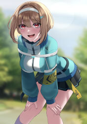 Rule 34 | 1girl, absurdres, blonde hair, blurry, blurry background, blush, day, hair ornament, hairband, hands on own knees, heaven burns red, highres, jacket, leaning forward, long sleeves, looking at viewer, nil (pixiv 53614557), ooshima muua, open mouth, outdoors, pleated skirt, red eyes, short hair, skirt, smile, socks, solo, sweat, track jacket