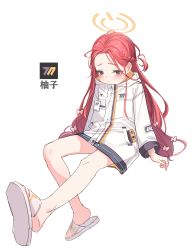Rule 34 | 1girl, bare legs, blue archive, blue eyes, blush, bow, braid, closed mouth, coat, forehead, full body, hair bow, halo, highres, id card, invisible, light frown, long hair, long sleeves, looking at viewer, red hair, sandals, side braid, simple background, single braid, sitting, solo, white background, white coat, white footwear, xpsuv, yuzu (blue archive)