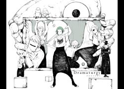 Rule 34 | 6+others, arm up, arms up, blood, blood on clothes, collarbone, creature, crossed arms, cube, dramaturgy (eve), dripping, english text, fingernails, framed, fukuro (dramaturgy), green hair, greyscale, hat, hatching (texture), hitotsume-sama, holding, holding umbrella, kurukuru (dramaturgy), leaning, long fingernails, mask, monochrome, monster, multiple others, nib pen (medium), one-eyed, scarf, short hair, slime (substance), song name, orb, spot color, standing, taga kiichi, traditional media, umbrella
