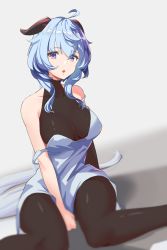 Rule 34 | 1girl, absurdres, ahoge, alternate costume, between legs, black bodysuit, blue hair, blurry, bodysuit, breasts, commentary, depth of field, dress, english commentary, expressionless, eyes visible through hair, feet out of frame, ganyu (genshin impact), genshin impact, goat horns, grey background, hair between eyes, hand between legs, highres, horns, knees together feet apart, large breasts, light blue hair, long hair, looking at viewer, off shoulder, open mouth, ponytail, purple eyes, reulem, sidelocks, simple background, sitting, skin tight, sleeveless, sleeveless dress, solo, strap slip, very long hair, white dress