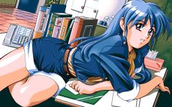 Rule 34 | 1990s (style), 1girl, 2 shot diary 2, 4bpp, belt, blue eyes, blue hair, book, brown belt, denim, denim shorts, desk, dutch angle, game cg, indoors, long hair, looking at viewer, may-be soft, on desk, pc98, phone, retro artstyle, shorts, solo, tagme, tissue box, youko (2 shot diary 2)