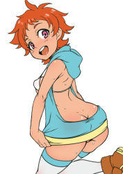 Rule 34 | 10s, 1girl, ass, back cutout, bare back, bikini, bikini top only, boots, bottomless, butt crack, clothing cutout, covering crotch, covering privates, flat color, front-tie bikini top, front-tie top, fujimiya kazane, future card buddyfight, hood, hoodie, kneeling, looking at viewer, looking back, no panties, nori (akusei shinseibutsu), orange hair, pink eyes, pussy, pussy peek, simple background, smile, solo, sweat, swimsuit, thighhighs, white background, white bikini, white thighhighs