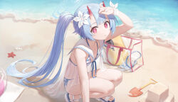 Rule 34 | 1girl, absurdres, animal, ass, beach, bikini, blue archive, blue hair, breasts, chise (blue archive), chise (swimsuit) (blue archive), day, flower, hair flower, hair ornament, highres, horns, long hair, looking at viewer, ocean, official alternate costume, outdoors, parted lips, ponytail, red eyes, red horns, sandals, small breasts, soeyumi, solo, squatting, starfish, striped bikini, striped clothes, swimsuit, white flower