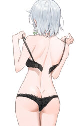 1girl ass back black_bra black_panties bow bra braid butt_crack commentary dimples_of_venus facing_away grey_hair hair_bow izayoi_sakuya lingerie median_furrow panties removing_bra sarukana shoulder_blades simple_background solo touhou underwear underwear_only undone_bra white_background