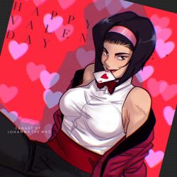 Rule 34 | 1girl, ace (playing card), ace of hearts, artist name, bare shoulders, black hair, bow, bowtie, card, closed mouth, cowboy bebop, english text, faye valentine, hairband, happy valentine, heart, highres, holding, holding card, johannathemad, lipstick, makeup, pink hairband, playing card, red bow, red bowtie, red lips, red sash, sash, short hair, smile, solo, valentine