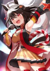 Rule 34 | animal ears, armpits, black hair, blush, breasts, cleavage, commentary request, detached sleeves, g034hy95t8, hair ornament, highres, horse ears, horse girl, horse tail, kitasan black (umamusume), medium breasts, medium hair, music, open mouth, singing, stage, sweat, tail, thighhighs, umamusume