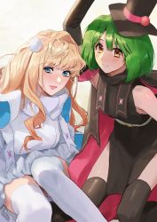 Rule 34 | 2girls, black headwear, blonde hair, blue eyes, blush, commentary, green hair, hat, highres, looking at viewer, macross, macross frontier, multiple girls, parted lips, pote-mm, ranka lee, sheryl nome, symbol-only commentary, thighhighs