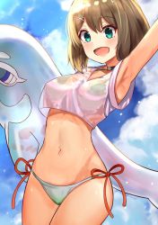 Rule 34 | 1girl, :d, arm up, armpits, bikini, blush, brown hair, cloud, cloudy sky, commentary, cowboy shot, day, green eyes, hair ornament, highres, inflatable dolphin, inflatable toy, kantai collection, maya (kancolle), navel, okitsugu, open mouth, shirt, side-tie bikini bottom, sky, smile, solo, swimsuit, wet, wet clothes, wet shirt, x hair ornament