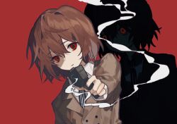 Rule 34 | 1boy, aiming, aiming at viewer, akechi gorou, brown hair, brown jacket, buttons, collared shirt, double-breasted, gelato1014, gun, hair between eyes, highres, holding, holding gun, holding weapon, jacket, male focus, multiple views, necktie, parted lips, persona, persona 5, red background, red eyes, shirt, short hair, smoke, smoking barrel, striped clothes, vertical-striped clothes, vertical-striped necktie, weapon, white shirt