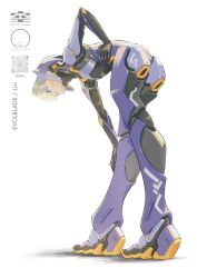 1girl deraken from_side full_body hand_on_own_stomach highres joints leaning_forward mechabare mechanical_arms original qr_code robot_girl robot_joints science_fiction short_hair simple_background solo standing white_background white_hair