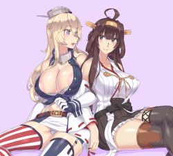 Rule 34 | 10s, 2girls, :d, ahoge, american flag legwear, areola slip, arm hug, asymmetrical legwear, asymmetrical thighhighs, bare shoulders, belt, black legwear, black skirt, blonde hair, blue eyes, blush, breasts, brown hair, chain, cleavage, collarbone, couple, covered erect nipples, crossed legs, detached sleeves, double bun, elbow gloves, female focus, frilled skirt, frills, garter straps, gloves, grey background, grey hair, hair bun, hair intakes, hairband, hat, headgear, highres, hug, huge breasts, iowa (kancolle), japanese clothes, jewelry, kantai collection, kongou (kancolle), large areolae, large breasts, legs, locked arms, long hair, looking at another, looking to the side, md5 mismatch, midriff, miniskirt, mizuumi (bb), multiple girls, neck, neck ring, nontraditional miko, open mouth, panties, pencil skirt, pleated skirt, purple background, revision, sarashi, side-by-side, simple background, sitting, skirt, smile, star-shaped pupils, star (symbol), striped clothes, striped legwear, striped thighhighs, symbol-shaped pupils, thighhighs, underwear, uneven legwear, vertical-striped clothes, vertical-striped thighhighs, white detached sleeves, white panties, yuri