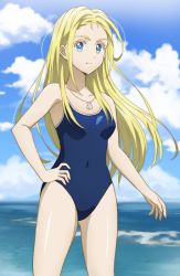 Rule 34 | 1girl, blonde hair, blue eyes, blue one-piece swimsuit, blue sky, breasts, cloud, commentary request, competition school swimsuit, cowboy shot, day, forehead, hand on own hip, horizon, kofune ushio, long hair, looking at viewer, ocean, one-piece swimsuit, onomekaman, outdoors, school swimsuit, sky, small breasts, solo, standing, summertime render, swimsuit, very long hair