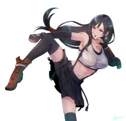 Rule 34 | 1girl, armpit crease, bare shoulders, bike shorts under skirt, black gloves, black hair, black skirt, black sports bra, black thighhighs, boots, bracelet, breasts, clenched hands, collarbone, commentary request, crop top, earrings, fighting stance, final fantasy, final fantasy vii, final fantasy vii rebirth, final fantasy vii remake, fingerless gloves, floating hair, gloves, highres, jewelry, large breasts, leg up, long hair, looking to the side, low-tied long hair, materia, midriff, mizuki shion (artist), navel, open mouth, partial commentary, red eyes, red footwear, serious, single earring, skirt, solo, sports bra, standing, standing on one leg, suspender skirt, suspenders, tank top, teardrop earrings, thighhighs, tifa lockhart, white background, white tank top