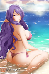 Rule 34 | 1girl, ass, barefoot, bikini, breasts, butt crack, camilla (fire emblem), cloud, covered erect nipples, day, eyes visible through hair, fire emblem, fire emblem fates, hair over one eye, hand in own hair, highres, kimmy77, large breasts, long hair, looking at viewer, looking back, nintendo, ocean, outdoors, patreon logo, pink ribbon, purple hair, red bikini, ribbon, side-tie bikini bottom, sideboob, sitting, smile, soles, solo, swimsuit, underboob, very long hair, wariza, water, watermark