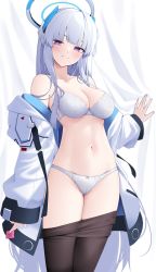 Rule 34 | 1girl, absurdres, bare shoulders, black pantyhose, blue archive, blue halo, blunt bangs, bra, breasts, cleavage, clothes pull, collarbone, commentary, cowboy shot, curtains, grey hair, halo, head tilt, headpiece, highres, jacket, large breasts, long hair, long sleeves, looking at viewer, navel, noa (blue archive), off shoulder, open clothes, open jacket, panties, pantyhose, pantyhose pull, purple eyes, smile, solo, standing, stomach, thighs, underwear, very long hair, white bra, white jacket, white panties, z.taiga