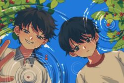 Rule 34 | 2boys, black hair, chinese commentary, collared shirt, commentary request, cranberry, earrings, grin, hair between eyes, highres, jewelry, karaiii, li yuting (male), male focus, mole, mole under each eye, mole under eye, multiple boys, multiple moles, ripples, shirt, short hair, smile, stud earrings, sweat, touqi guaitan, white shirt, ziche fuzhao