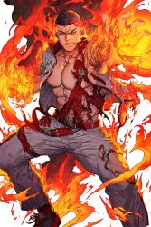 Rule 34 | 1boy, abs, belt, black hair, emblem, fire, flaming hand, grimace, highres, jacket, looking at viewer, male focus, muscular, open clothes, red eyes, red legwear, shirt, shoes, smoke, sneakers, soccer spirits, solo, taehoon (soccer spirits), thigh strap, torn clothes, torn shirt, transparent background, yi lee
