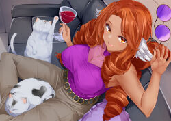 Rule 34 | 1girl, :d, alcohol, animal, belt, black belt, breasts, brown hair, cat, cleavage, commentary request, commission, couch, cup, dark-skinned female, dark skin, drill hair, drinking glass, forehead, grey pants, head wings, holding, holding cup, holding removed eyewear, irohara, large breasts, long hair, looking at viewer, on couch, open mouth, original, pants, parted bangs, purple-tinted eyewear, purple shirt, red eyes, round eyewear, see-through, see-through cleavage, shirt, skeb commission, smile, solo, tinted eyewear, unworn eyewear, very long hair, white wings, wine, wine glass, wings