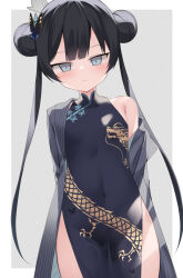Rule 34 | 1girl, bare shoulders, black dress, black hair, blue archive, butterfly hair ornament, chinese clothes, commentary request, covered navel, double bun, dragon print, dress, flat chest, grey background, grey eyes, grey jacket, hair bun, hair ornament, halo, jacket, kisaki (blue archive), long hair, looking at viewer, pelvic curtain, print dress, sleeveless, sleeveless dress, solo, striped clothes, striped jacket, twintails, two-tone background, usagimiko, vertical-striped clothes, vertical-striped jacket, white background