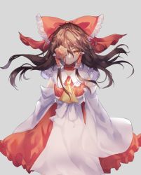 Rule 34 | 1girl, ascot, bow, brown eyes, brown hair, choker, collar, collared shirt, detached sleeves, floating hair, flower, flower ornament, frilled bow, frilled collar, frilled hair tubes, frilled skirt, frills, hair bow, hair tubes, hakurei reimu, japanese clothes, long hair, long sleeves, miko, mirimo, one eye covered, red bow, red choker, red skirt, shirt, simple background, skirt, sleeveless, sleeveless shirt, solo, touhou, tsurime, upper body, wide sleeves, yellow ascot