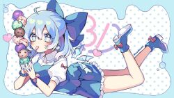 Rule 34 | 1girl, ahoge, bead bracelet, beads, blue bow, blue eyes, blue footwear, blue hair, blue nails, blue skirt, bow, bracelet, cirno, collared shirt, food, footwear bow, frilled shirt collar, frilled skirt, frills, hair bow, heart, heart-shaped pupils, highres, holding, holding food, holding ice cream, ice, ice cream, ice wings, jewelry, kyouda suzuka, looking at viewer, lying, medium hair, on stomach, pink bow, polka dot, polka dot background, puffy short sleeves, puffy sleeves, red bow, shirt, short sleeves, skirt, spoon, symbol-shaped pupils, touhou, twitter username, utensil in mouth, wings, wrist bow