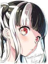 Rule 34 | 1girl, absurdres, bang dream!, black hair, blunt bangs, character name, close-up, commentary, cropped head, dated, from side, happy birthday, highres, light blush, long hair, looking at viewer, multicolored hair, nobusawa osamu, nyubara reona, parted lips, red eyes, sidelocks, simple background, solo, twintails, two-tone hair, white background, white hair