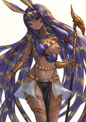 Rule 34 | 1girl, absurdres, blonde hair, egyptian clothes, fate/grand order, fate (series), highres, holding, holding staff, long hair, looking at viewer, multicolored hair, navel, nitocris (fate), nitocris (third ascension) (fate), pelvic curtain, purple eyes, purple hair, revealing clothes, sabamiso taro, simple background, solo, staff, upper body, very long hair, white background