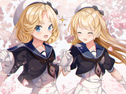 Rule 34 | 2girls, blonde hair, blue eyes, blue sailor collar, blush, cherry blossoms, dress, closed eyes, fathom, gloves, hat, highres, janus (kancolle), jervis (kancolle), kantai collection, long hair, multiple girls, open mouth, petals, puffy short sleeves, puffy sleeves, sailor collar, sailor dress, sailor hat, short hair, short sleeves, smile, sparkle, upper body, white dress, white gloves, white headwear