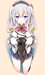 Rule 34 | 10s, 1girl, bad id, bad twitter id, beret, black socks, blue eyes, blush, breasts, buttons, epaulettes, frilled sleeves, frills, gloves, grey shirt, hat, highres, jacket, kantai collection, kashima (kancolle), kerchief, kneehighs, kneeling, large breasts, unworn legwear, long sleeves, looking at viewer, md5 mismatch, military, military uniform, miniskirt, oouso, pleated skirt, resized, revision, shirt, sidelocks, silver hair, skirt, socks, solo, steam, sweat, tsurime, twintails, twitter username, uniform, wavy hair, wavy mouth, white gloves