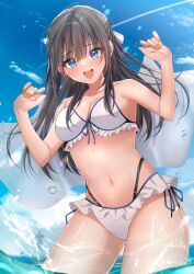 Rule 34 | :d, absurdres, bikini, black hair, blue eyes, blue sky, blush, breasts, cleavage, cloud, collarbone, cowboy shot, hair between eyes, half updo, highres, kunimine yuzuki, lighthouse, long hair, looking at viewer, applying manicure, nail polish, navel, ocean, one side up, open mouth, original, sky, small breasts, smile, standing, swimsuit, teeth, thighs, upper teeth only, wading, yellow nails