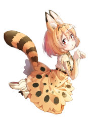 Rule 34 | 1girl, absurdres, animal ears, animal ears (norankkori), ass, bare shoulders, blonde hair, blush, boots, elbow gloves, footwear bow, gloves, highres, kemono friends, multicolored hair, serval (kemono friends), serval print, serval tail, short hair, skirt, sleeveless, solo, tail, thighhighs