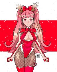 Rule 34 | 1girl, alternate costume, antlers, breasts, candy, candy cane, candy cane earrings, christmas, cleavage, earrings, fake antlers, female focus, fire emblem, fire emblem: three houses, fishnet pantyhose, fishnets, food, fur-trimmed leotard, fur trim, hairband, highleg, highleg leotard, highres, hilda valentine goneril, horns, jewelry, large breasts, leotard, long hair, looking at viewer, matching hair/eyes, nintendo, pantyhose, parted lips, pink eyes, pink hair, red leotard, red thighhighs, reindeer antlers, smile, thick thighs, thighhighs, thighs, twintails