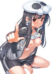 Rule 34 | 1girl, between legs, bike shorts, black footwear, black hair, black jacket, black shorts, blunt bangs, blush, boots, breasts, closed mouth, clothes lift, collarbone, dokurohime, earrings, eyebrows, fingernails, grey socks, hair ornament, hand between legs, hat, imoto katsuyuki, index finger raised, jacket, jewelry, kneehighs, long fingernails, long hair, long sleeves, looking at viewer, medium breasts, navel, nipples, open clothes, open jacket, original, outstretched arm, red eyes, shirt lift, shorts, simple background, sitting, skin tight, skull, skull earrings, skull hair ornament, skull print, smile, socks, solo, stomach, track jacket, track suit, white background