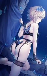 Rule 34 | 1girl, artist name, ass, bare shoulders, black bra, black nails, black panties, blonde hair, blue flower, blurry, blurry foreground, bra, breasts, bug, butterfly, closed mouth, commentary request, curtain grab, curtains, flower, garter belt, genshin impact, hair flower, hair ornament, hand up, highres, insect, lingerie, looking at viewer, looking back, lumine (genshin impact), nail polish, night, night sky, panties, patreon username, profile, rimuu, sky, solo, star (sky), starry sky, thighs, thong, twitter username, underwear, underwear only, watermark, web address, yellow eyes