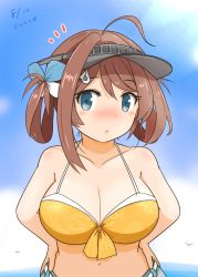 Rule 34 | 1girl, ahoge, bikini, blue sky, breasts, brown hair, chougei (kancolle), cleavage, cloud, commentary request, curse (023), grey eyes, hair ornament, hair rings, hairclip, hands on own hips, highres, kantai collection, large breasts, long hair, looking at viewer, orange bikini, sky, solo, swimsuit, upper body, visor cap