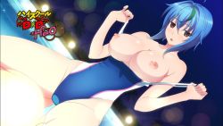 Rule 34 | 1girl, blue hair, breasts, competition swimsuit, demon girl, high school dxd, high school dxd hero, highres, large breasts, nipples, one-piece swimsuit, screencap, swimsuit, topless, uno makoto, wardrobe malfunction, xenovia quarta