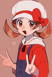 Rule 34 | 1girl, :d, blush stickers, bow, brown background, brown eyes, brown hair, cabbie hat, commentary request, creatures (company), double v, eyelashes, game freak, hat, hat bow, heart, highres, long hair, looking at viewer, lyra (pokemon), momotose (hzuu xh4), nintendo, open mouth, overalls, pokemon, pokemon hgss, red bow, red shirt, shirt, smile, solo, twintails, twitter username, upper body, v, white hat