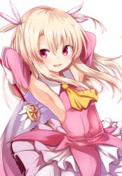 Rule 34 | 1girl, armpits, arms behind head, ascot, baram, blonde hair, breasts, closed eyes, commentary, dress, eyes visible through hair, fate/kaleid liner prisma illya, fate (series), hair ornament, highres, illyasviel von einzbern, long hair, looking at viewer, magical girl, magical ruby, pink eyes, simple background, sleeveless, small breasts, solo, two side up, white background, yellow ascot