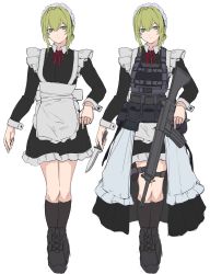 Rule 34 | 1girl, 3 small spiders, absurdres, ammunition belt, assault rifle, black footwear, black socks, body armor, boots, commentary, full body, green eyes, green hair, gun, highres, holding, holding gun, holding knife, holding weapon, knife, long sleeves, maid, maid headdress, medium hair, neck ribbon, original, red ribbon, ribbon, rifle, socks, standing, weapon, weapon request, white background