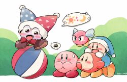 Rule 34 | :d, :o, artist name, balancing, ball, blue eyes, blue headwear, blush, blush stickers, bow, bowtie, bronto burt, brown eyes, brown footwear, bush, closed mouth, commentary request, crescent, fangs, flying, hat, jester cap, kirby, kirby (series), marx (kirby), midooka (o k k), nintendo, no humans, open mouth, pom pom (clothes), poppy bros jr, red bow, red bowtie, red headwear, shoes, signature, simple background, smile, speech bubble, spoken squiggle, squiggle, star (symbol), sun symbol, sweatdrop, two-tone headwear, waddle dee, wavy mouth, white background