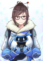 Rule 34 | 1girl, absurdres, black-framed eyewear, blue gloves, blush, breasts, brown eyes, brown hair, character name, coat, commentary, copyright name, drone, floating, fur coat, fur trim, glasses, gloves, gradient background, grey background, hair bun, hair ornament, hair stick, highres, hykyli, looking at viewer, matching hair/eyes, medium breasts, mei (overwatch), overwatch, overwatch 1, robot, short hair, single hair bun, smile, snowball (overwatch), snowflakes, solo, upper body