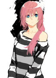 Rule 34 | 1girl, blue eyes, kahadu (kawazu), off shoulder, pink hair, shirt, solo, striped clothes, striped shirt