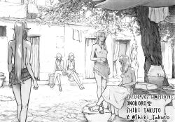6+girls bench breasts crowd earrings elf greyscale house jewelry long_hair medium_breasts miniskirt monochrome multiple_girls necklace nipples on_bench original pointy_ears ponytail road sarong shiki_takuto sitting skirt small_breasts street topless town tree