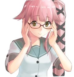Rule 34 | 10s, 1girl, adjusting eyewear, bespectacled, bow, breasts, commentary request, glasses, hair bow, hair flaps, hair ornament, kantai collection, lips, long hair, looking at viewer, masukuza j, medium breasts, pink hair, red-framed eyewear, school uniform, serafuku, side ponytail, sidelocks, smile, solo, upper body, yura (kancolle)