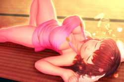 Rule 34 | 1girl, alternate breast size, animal ears, bare arms, bare legs, breasts, brown hair, closed eyes, collarbone, floppy ears, heart, inaba tewi, knee up, large breasts, lying, medium hair, on back, on ground, parted lips, rabbit ears, sleeping, smile, solo, strap gap, tatami, touhou, yonaki